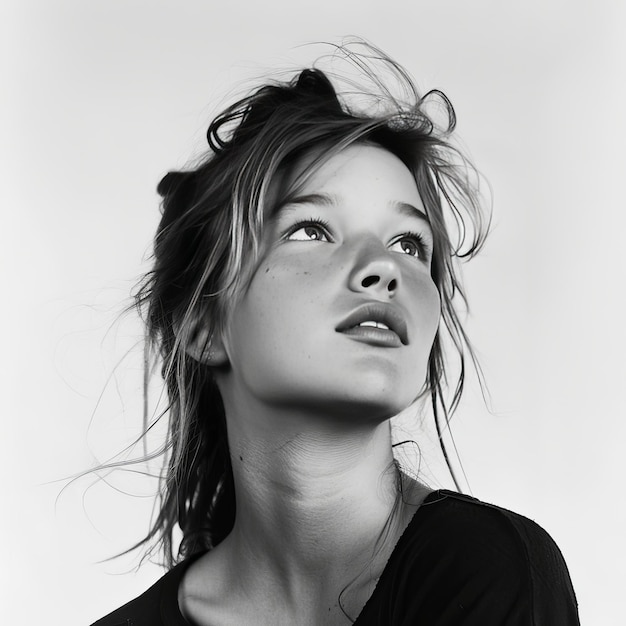 Portrait of a beautiful young woman with flying hair black and white