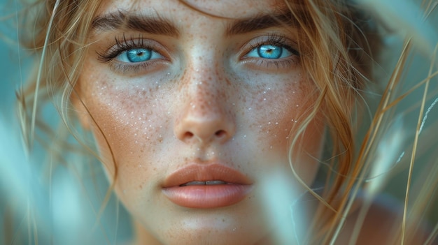 Portrait of a beautiful young woman with freckles and blue eyes Generative AI