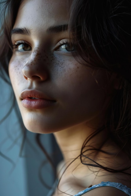 Portrait of a beautiful young woman with freckles on her face