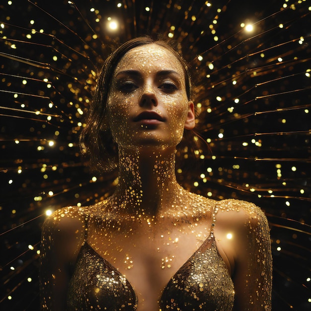 Portrait of beautiful young woman with golden makeup and sparkles on black background