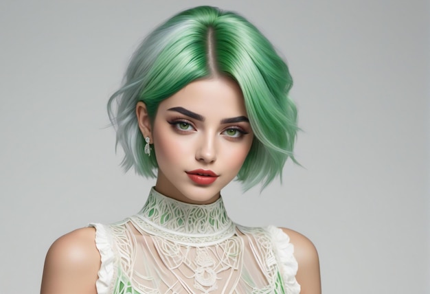 Portrait of beautiful young woman with green hair and professional makeup