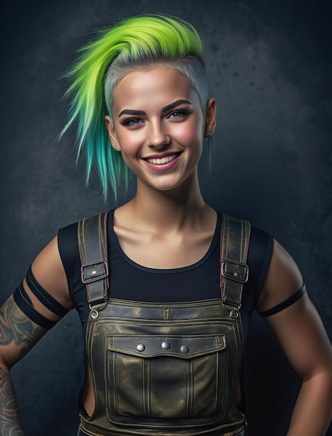 Portrait of a beautiful young woman with green hair and punk clothes