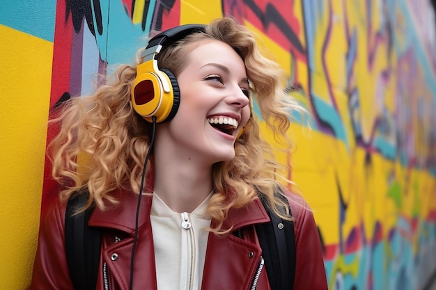 Portrait of beautiful young woman with headphones listening to music on the street