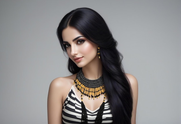 Portrait of beautiful young woman with long black hair Brunette girl with professional makeup