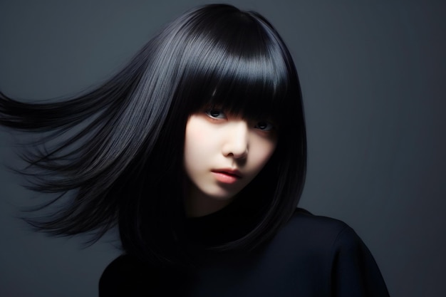 Portrait of a beautiful young woman with long black hair in studio