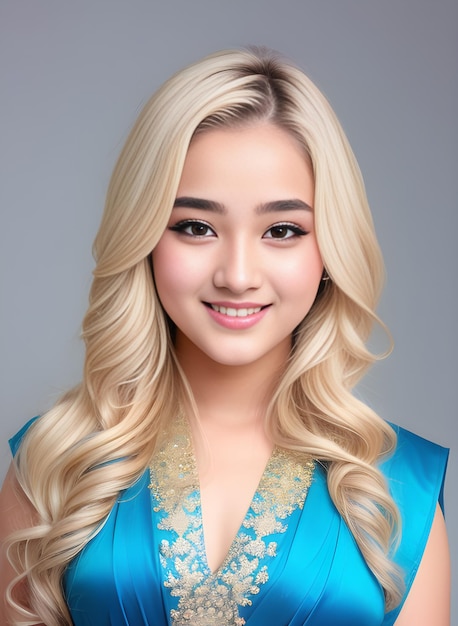 Portrait of beautiful young woman with long blond hair and blue dress