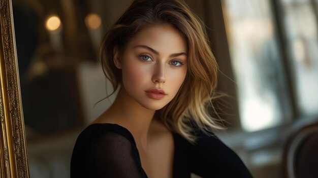 Portrait of a Beautiful Young Woman with Long Brown Hair and Blue Eyes