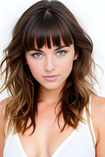 Portrait of a beautiful young woman with long brown hair and blue eyes