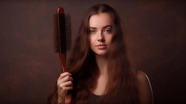 Portrait of a beautiful young woman with long brown hair holding a combgenerative ai