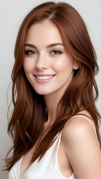 Portrait of a beautiful young woman with long brown hair smiling and looking at the camera