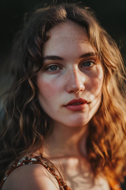 Portrait of a beautiful young woman with long curly hair and freckles