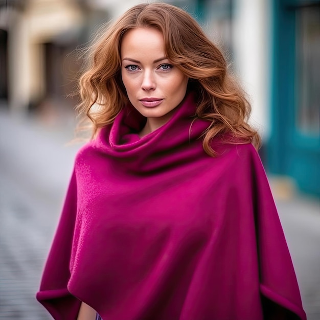 Portrait of a beautiful young woman with long curly hair in a red coat on the street