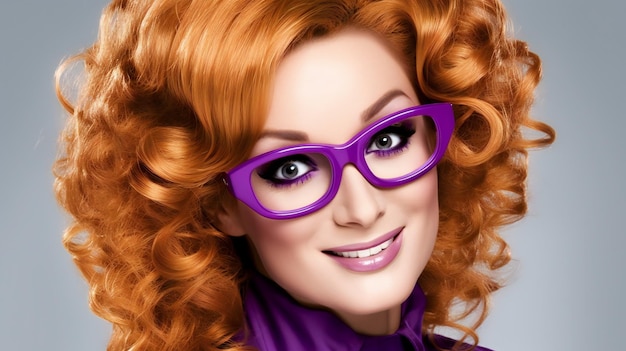 Portrait of a beautiful young woman with long curly red hair wearing purple glasses