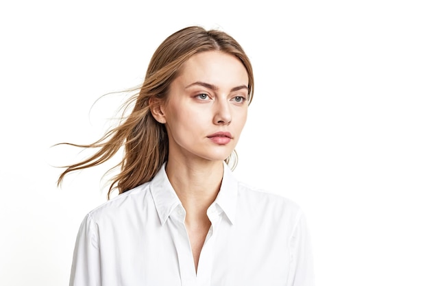 Portrait of a beautiful young woman with long flowing hair wearing a white shirt