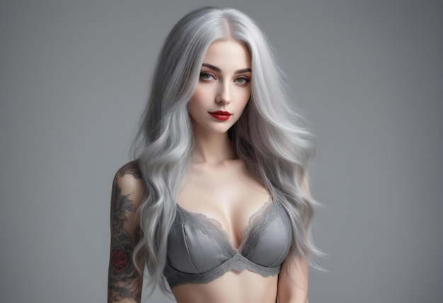 Portrait of a beautiful young woman with long gray hair and tattoo on her arm