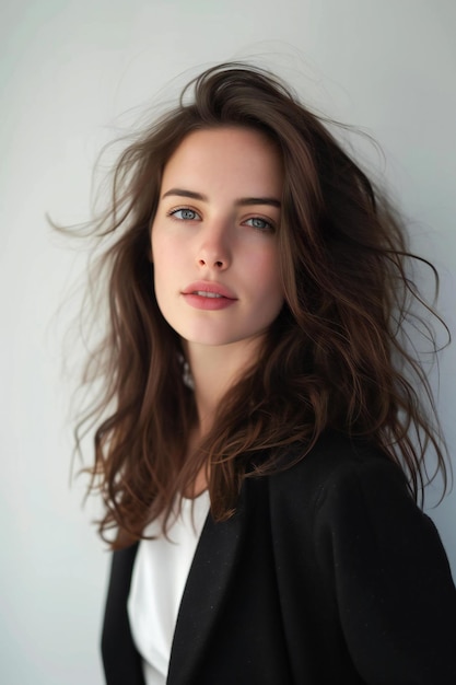 Portrait of a beautiful young woman with long hair in a black jacket