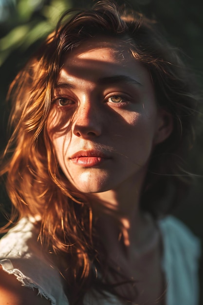 Portrait of a beautiful young woman with long hair in the sunlight