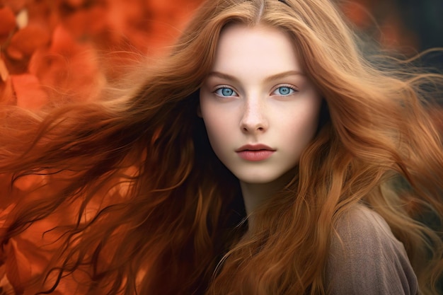 Photo portrait of a beautiful young woman with long red hair beauty fashion