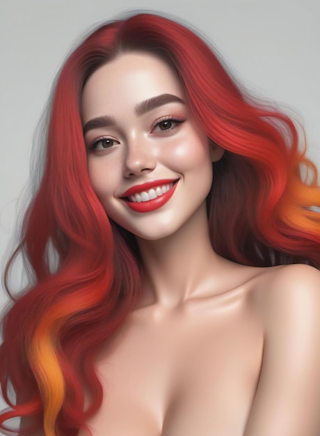 Portrait of beautiful young woman with long red hair and bright makeup