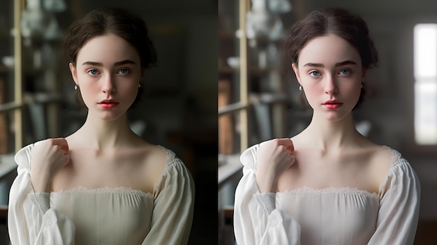 Portrait of a beautiful young woman with long wavy hair in a luxurious gold dress Beauty fashion