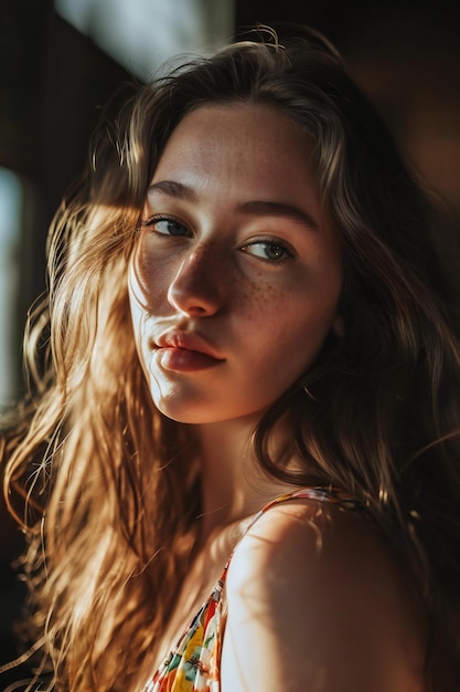 Portrait of a beautiful young woman with long wavy hair