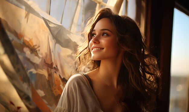 Portrait of a beautiful young woman with long wavy hair