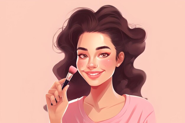 Portrait of beautiful young woman with paint brush for make up Close up face girl model Cartoon ai