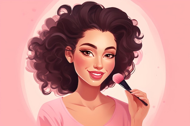 Portrait of beautiful young woman with paint brush for make up Close up face girl model Cartoon ai