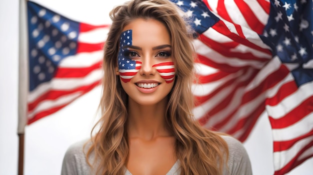 Portrait of beautiful young woman with painted American flag over her face patriotism background