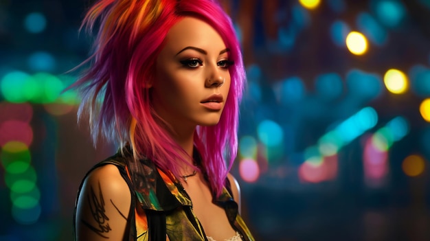 Portrait of a beautiful young woman with pink hair and bright makeup