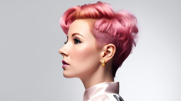 Portrait of a beautiful young woman with pink hair on gray background