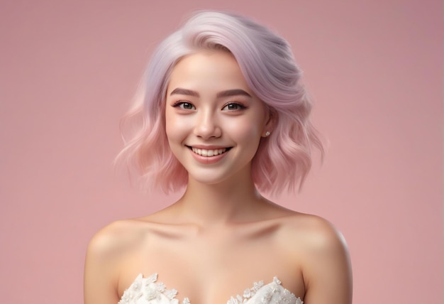 Portrait of a beautiful young woman with pink hair on the pink background