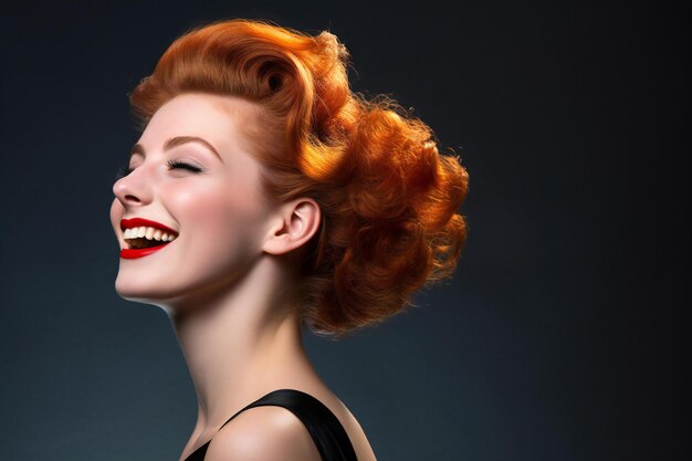 Portrait of beautiful young woman with red hair on dark background