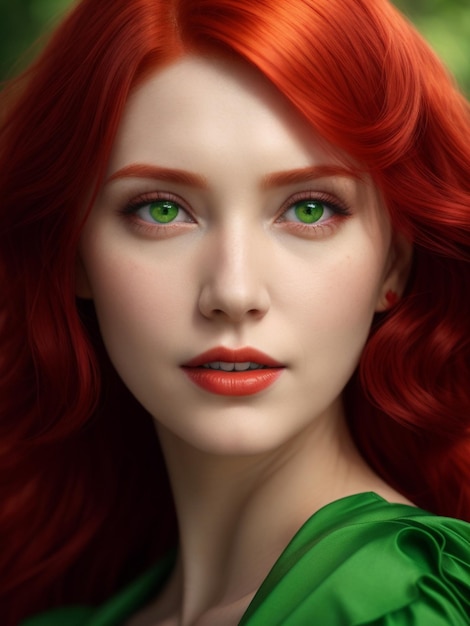 Portrait of a beautiful young woman with red hair and green eyes AI generated