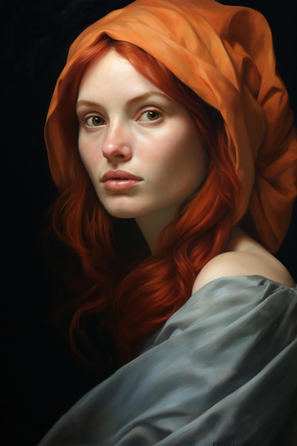 Portrait of a beautiful young woman with red hair and orange scarf