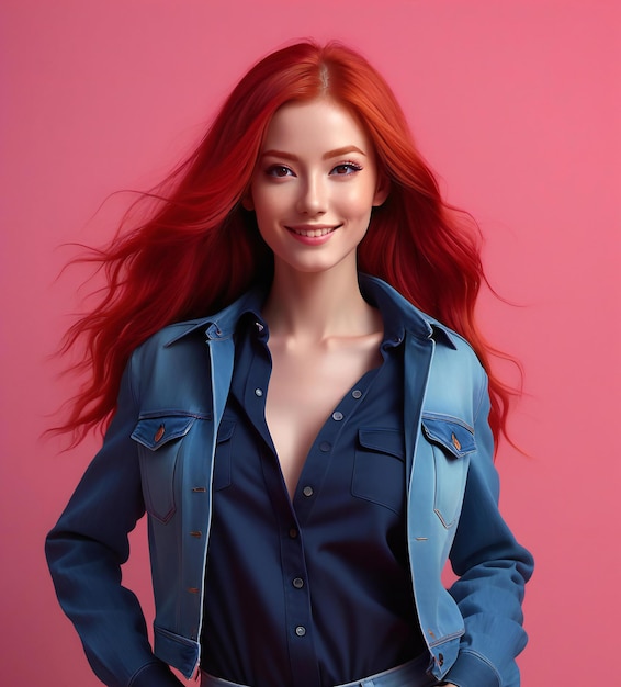 Portrait of a beautiful young woman with red hair on a pink background