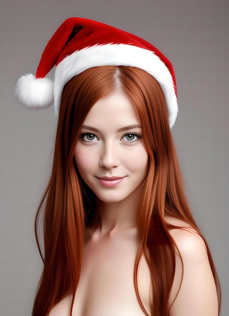 Portrait of beautiful young woman with red hair in Santa Claus hat