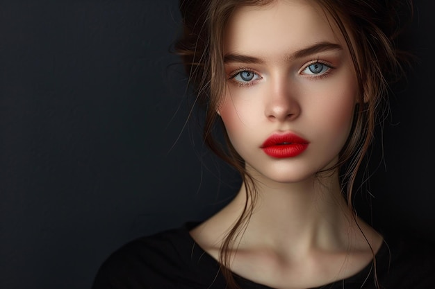 Portrait of a beautiful young woman with red lips on dark background