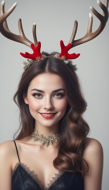 Portrait of beautiful young woman with reindeer antlers