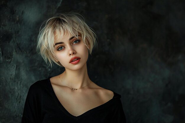 Portrait of a beautiful young woman with short blonde hair posing at studio