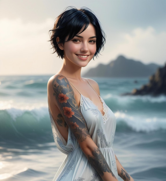 Portrait of a beautiful young woman with tattoo on her arm in a white dress on the beach