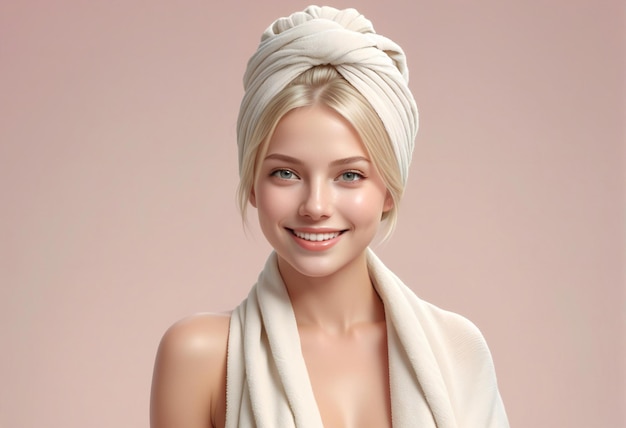 Portrait of a beautiful young woman with a towel on her head