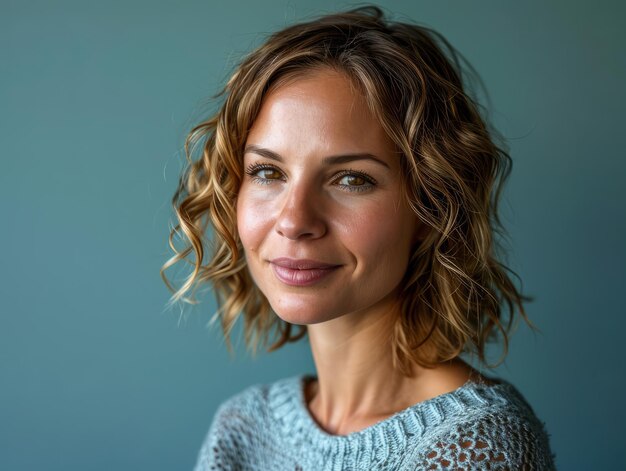 Portrait of a beautiful young woman with wavy hair on a blue background