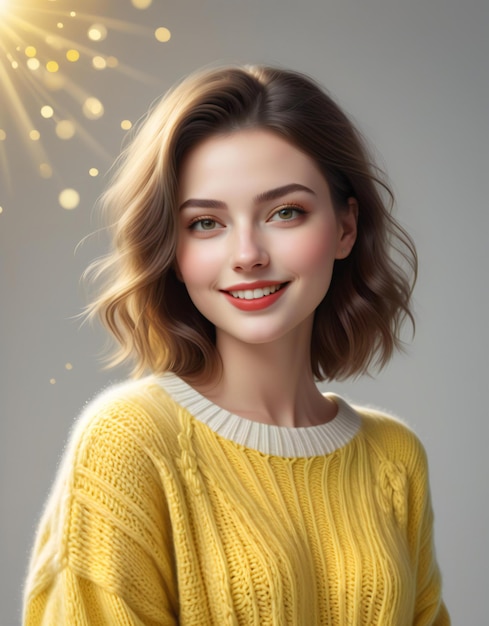 Portrait of a beautiful young woman in a yellow sweater on a gray background