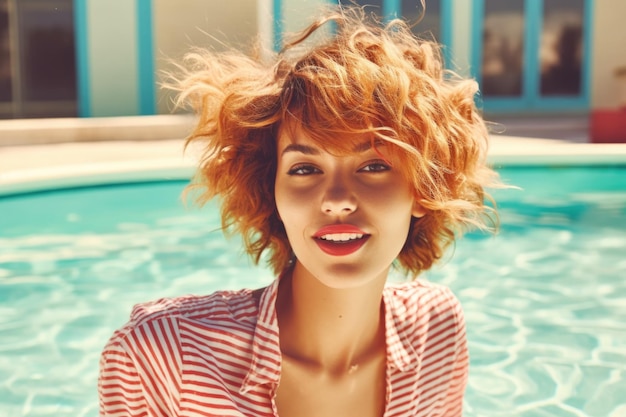 Portrait beautiful young womanrelax around swimming pool Generative AI