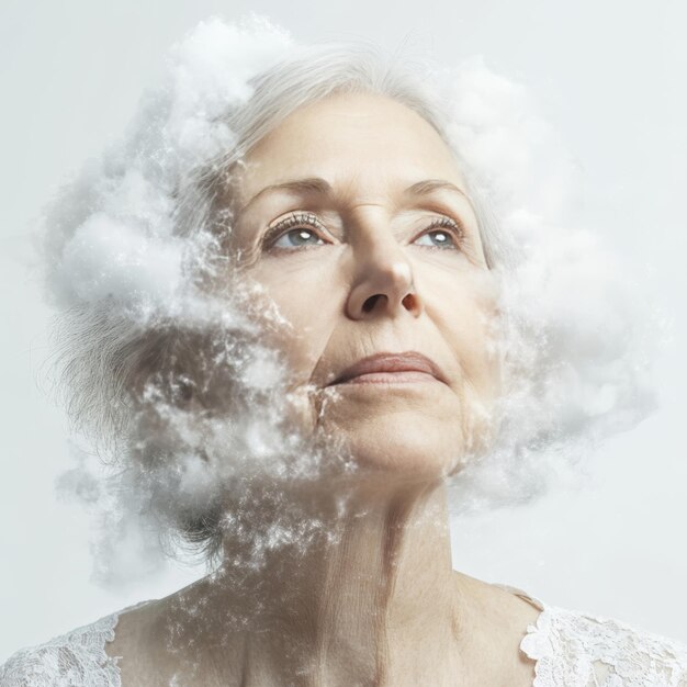 Photo portrait beauty in age mature woman surrounded by soft white fluffy clouds hope and dreams