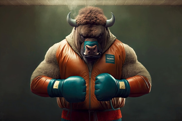 Portrait of bison in a tracksuit and boxing gloves around his neck generative ai