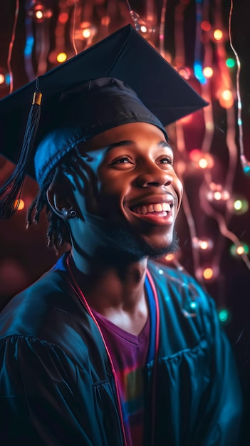 Portrait of black american young man wearing a graduation cap dancing at the party Festive bokeh background Generative AI illustration