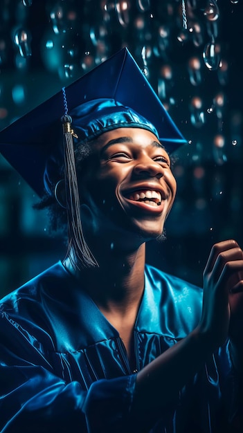 Portrait of black american young man wearing a graduation cap dancing at the party Festive bokeh background Generative AI illustration