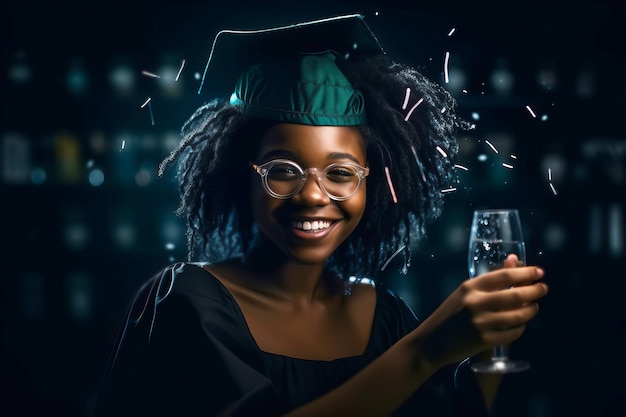 Portrait of black american young woman wearing a graduation cap dancing at the party Festive bokeh background Generative AI illustration